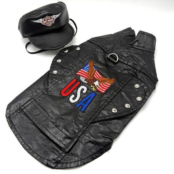 Biker Dog Costume Harley Davidson Hat Faux Leather Vest Large 12” Back Halloween - Picture 1 of 9
